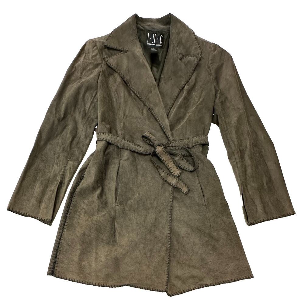 Women's Brown Suede Belted Mid Length Jacket Lapel Collar Stitching VTG Western